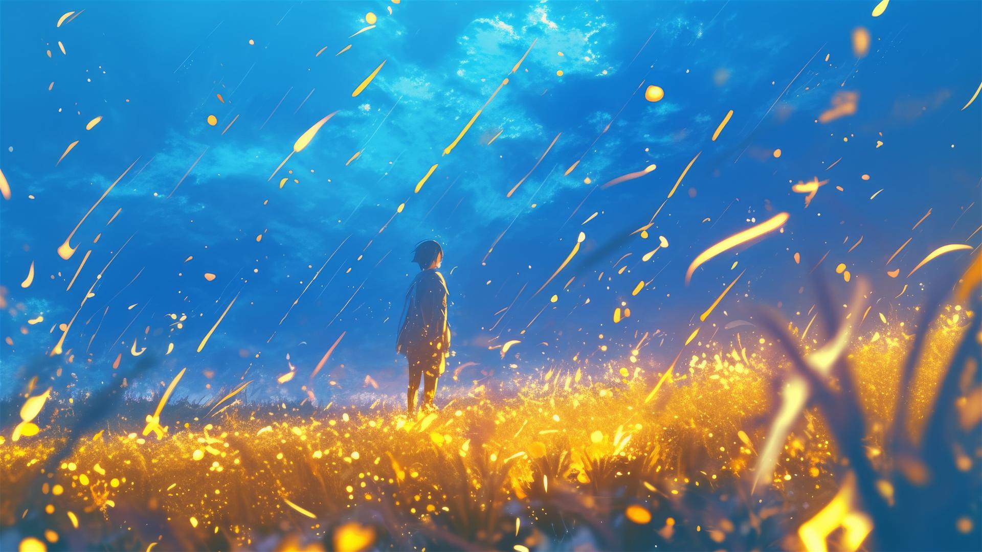 Swarm of fireflies in a storm, twinkling with holographic light
