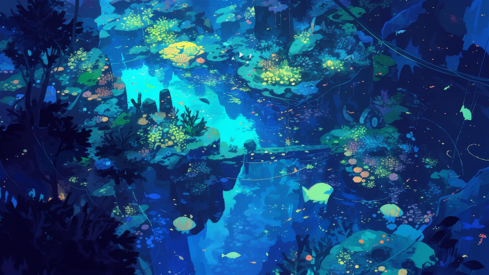 Bio-luminescent coral and marine life in deep-sea garden at night