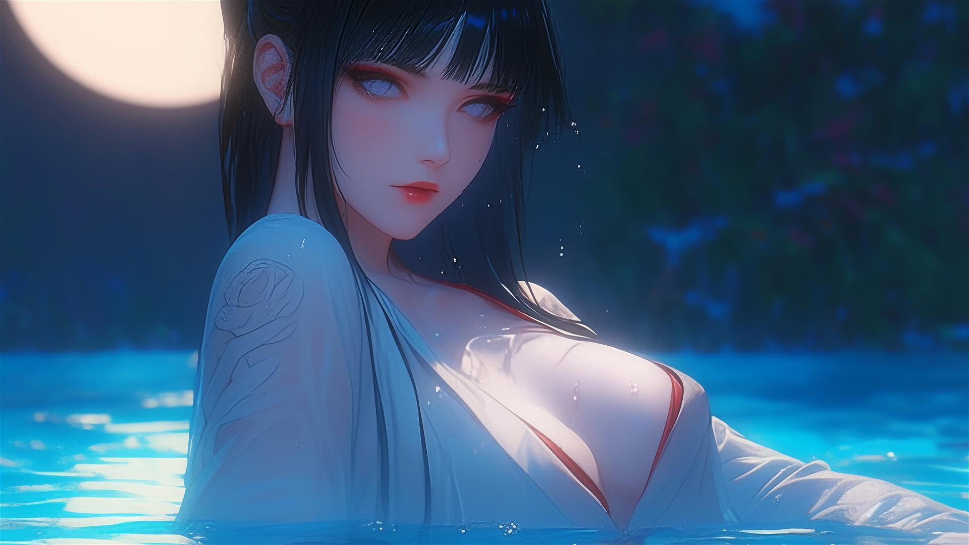 Hinata Hyuga leisurely swimming in a rainy pool under moonlight