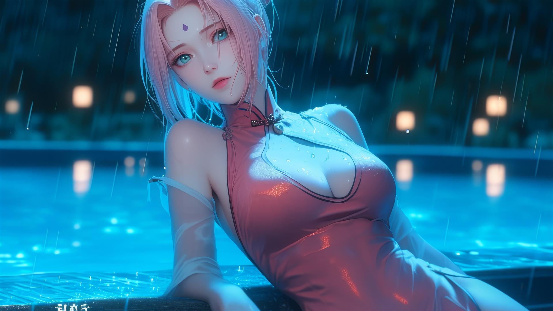 Haruno Sakura from Naruto resting by a pool under moonlight, in pink