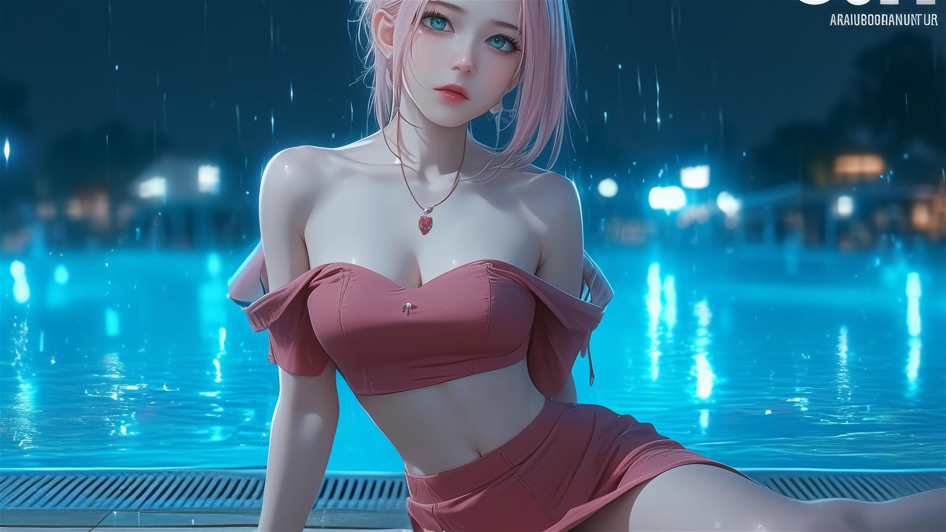 Haruno Sakura from Naruto, resting by pool with moonlight glow, pink attire