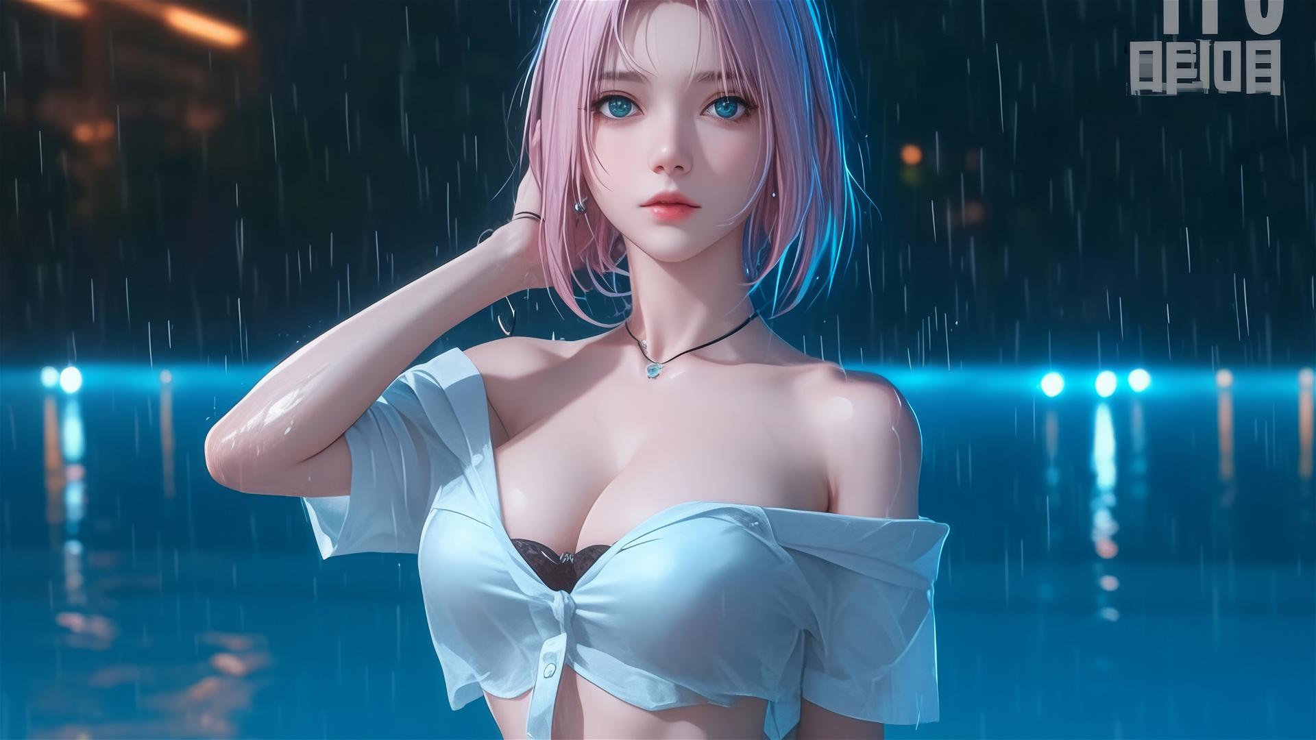 Sakura Haruno in a pool with moonlight reflection during rain