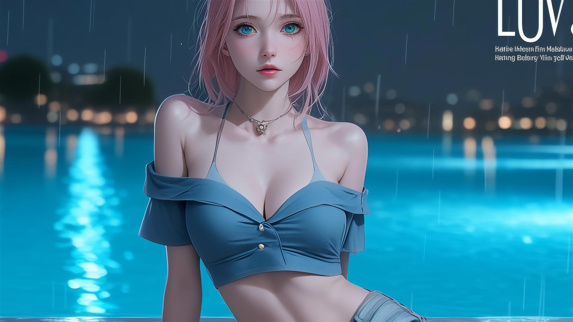 Haruno Sakura from Naruto resting by a pool under moonlit rain