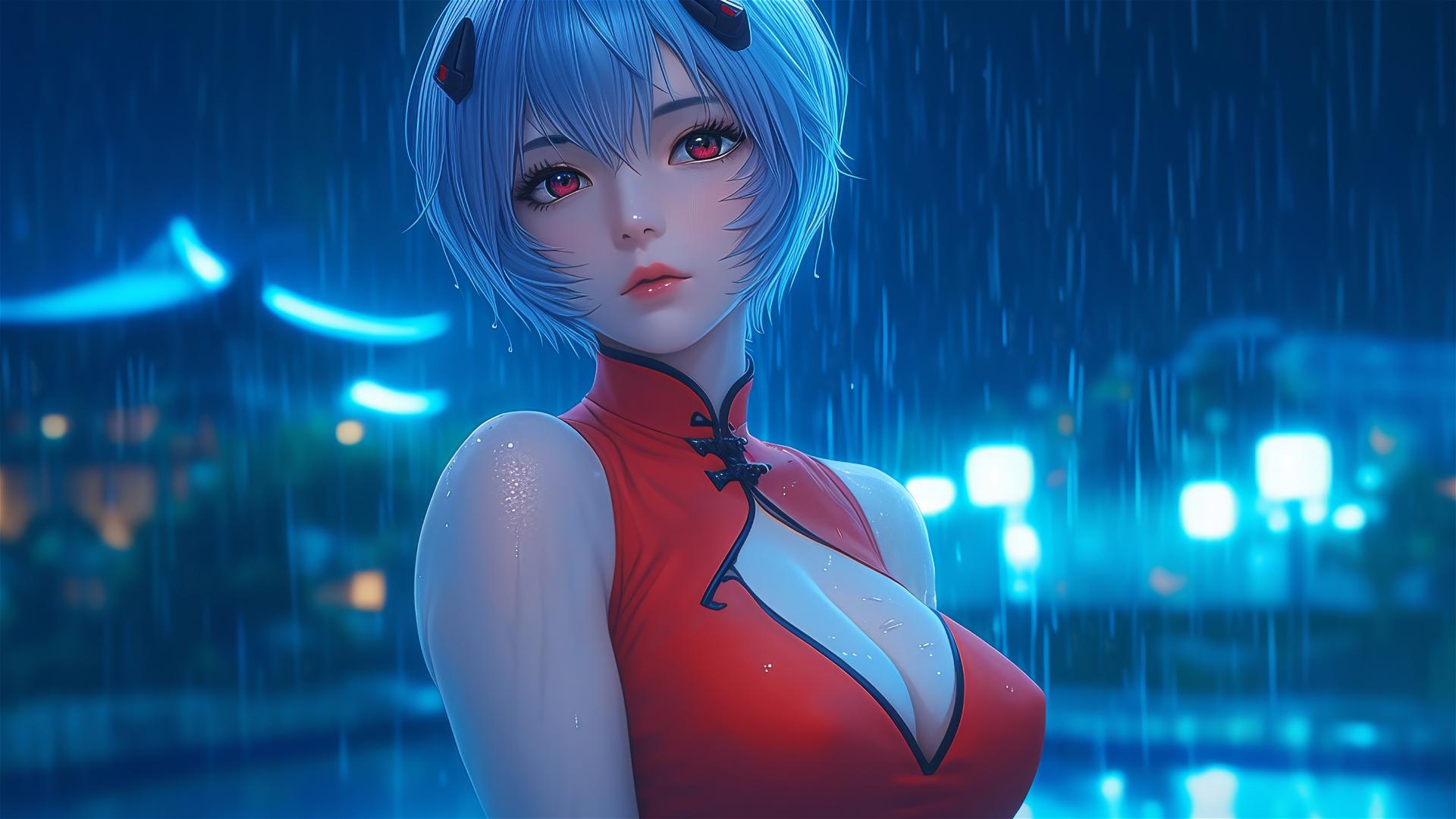 Rei Ayanami from Neon Genesis Evangelion standing in a rainy pool under moonlight dressed in red