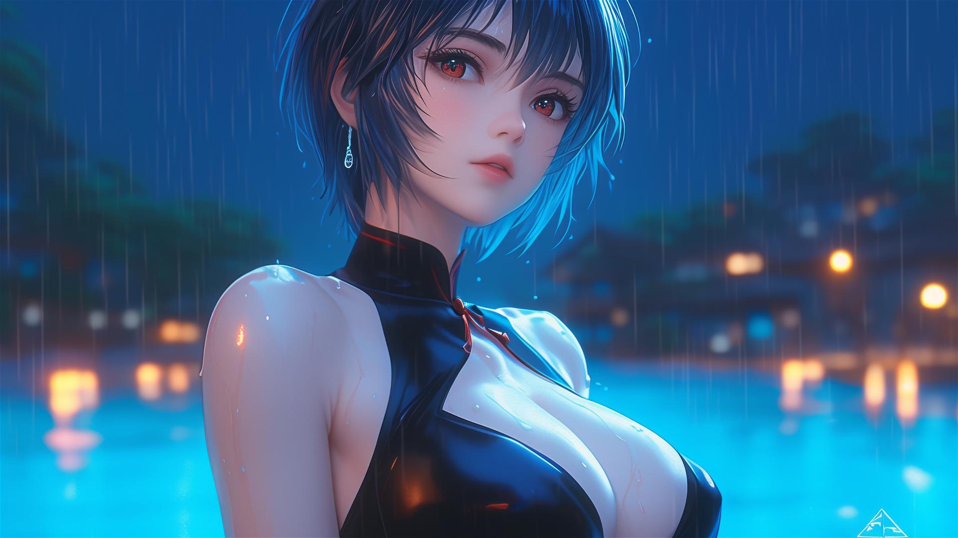 Rei Ayanami in moonlit pool, soft glow on black shirt, rain, short blue hair