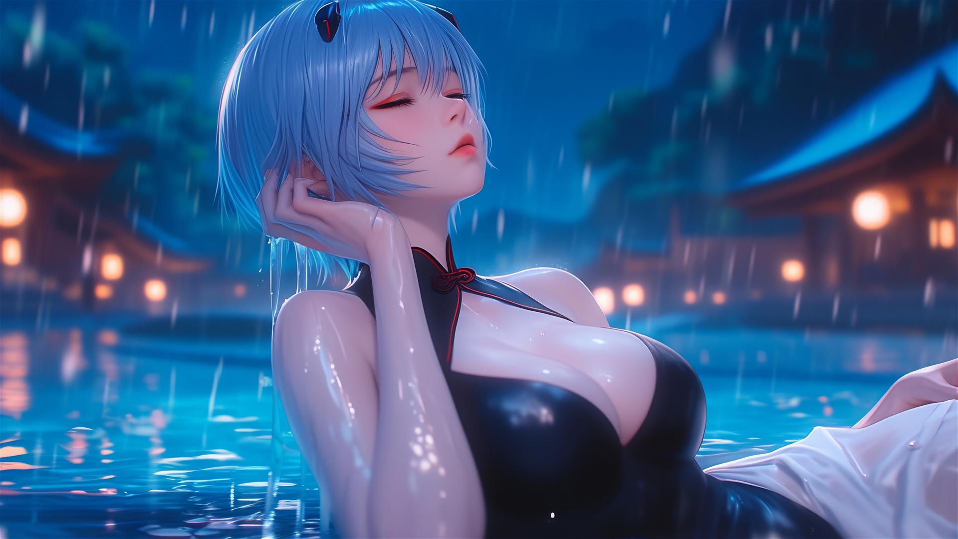 Rei Ayanami relaxing by a pool in moonlight, rain, black shirt, blue hair