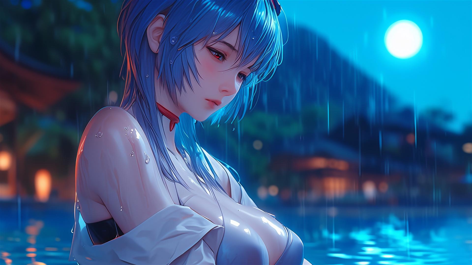 Rei Ayanami resting by pool under moonlight, rainy ambiance, dark shirt