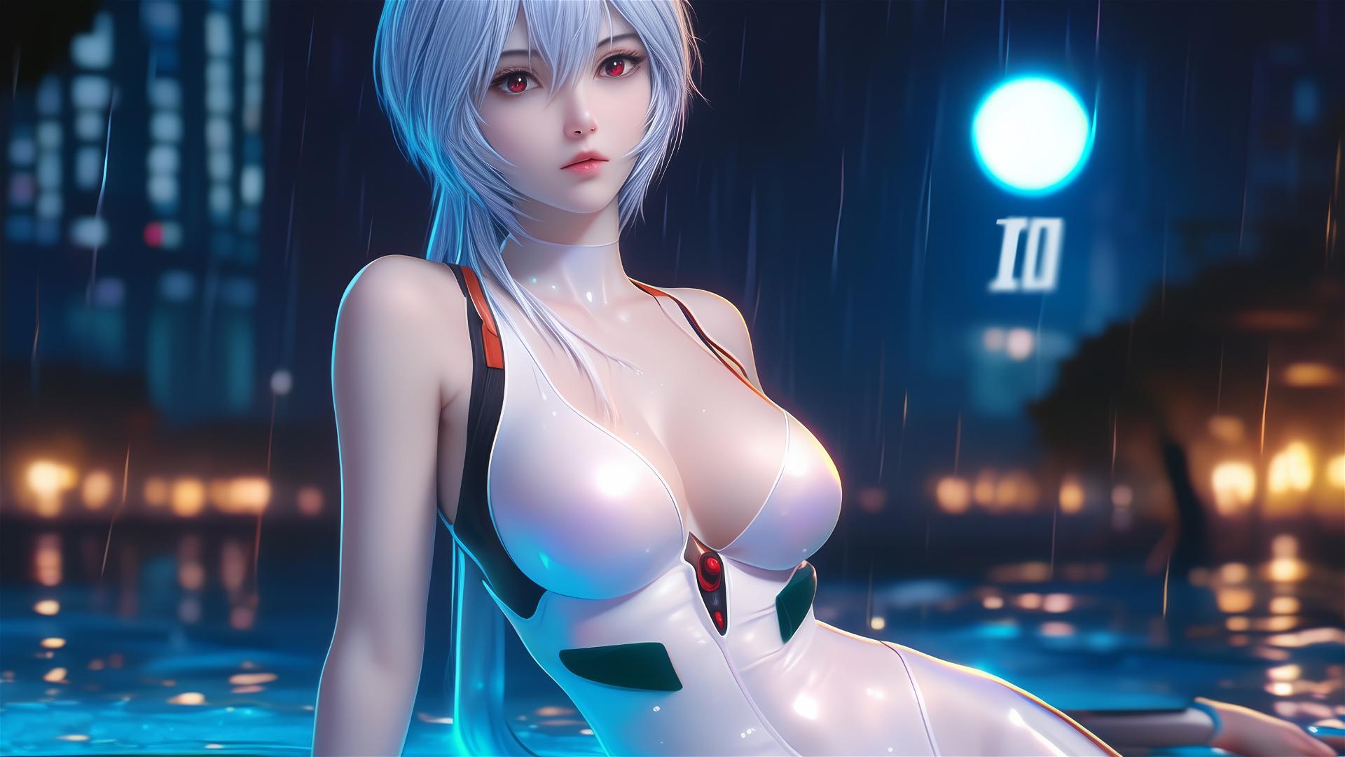 Rei Ayanami resting by a pool in moonlight, rain