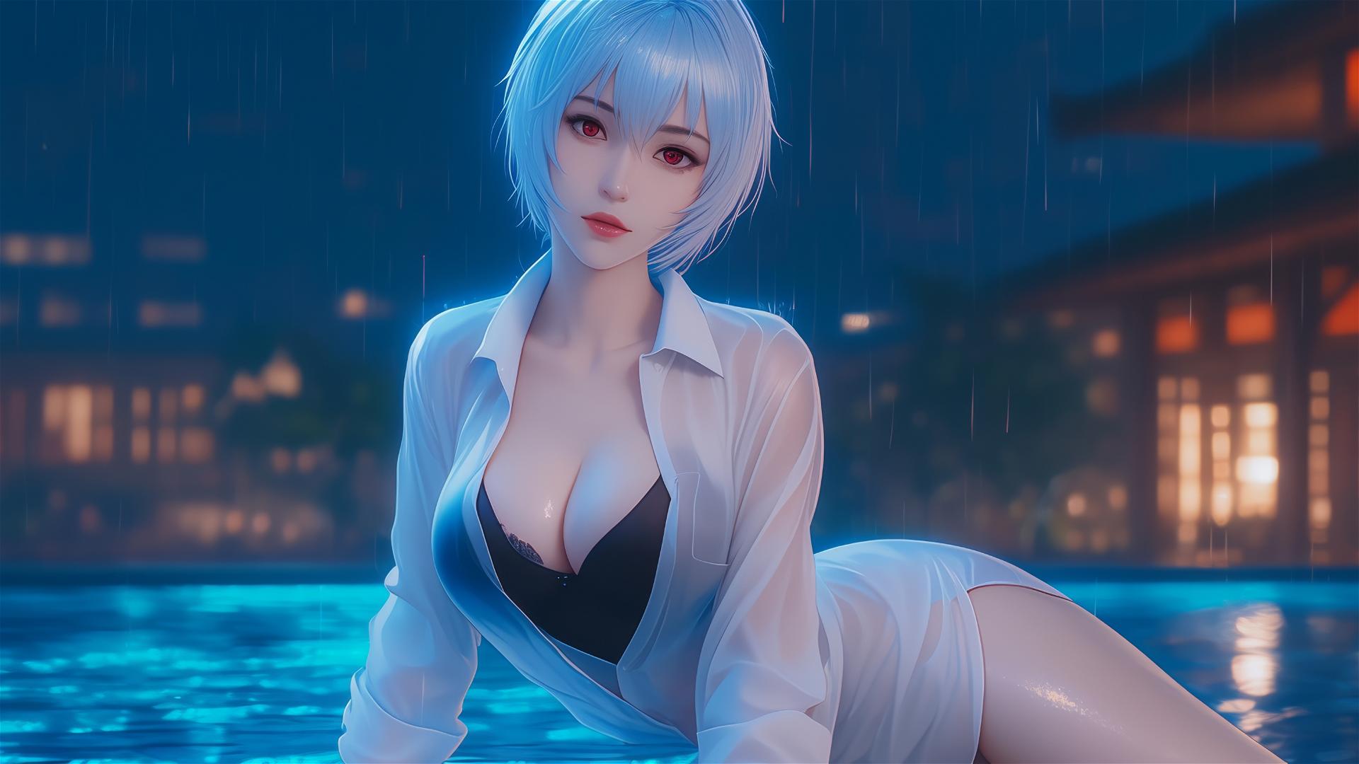 Rei Ayanami resting by a pool under moonlight, rainy scene