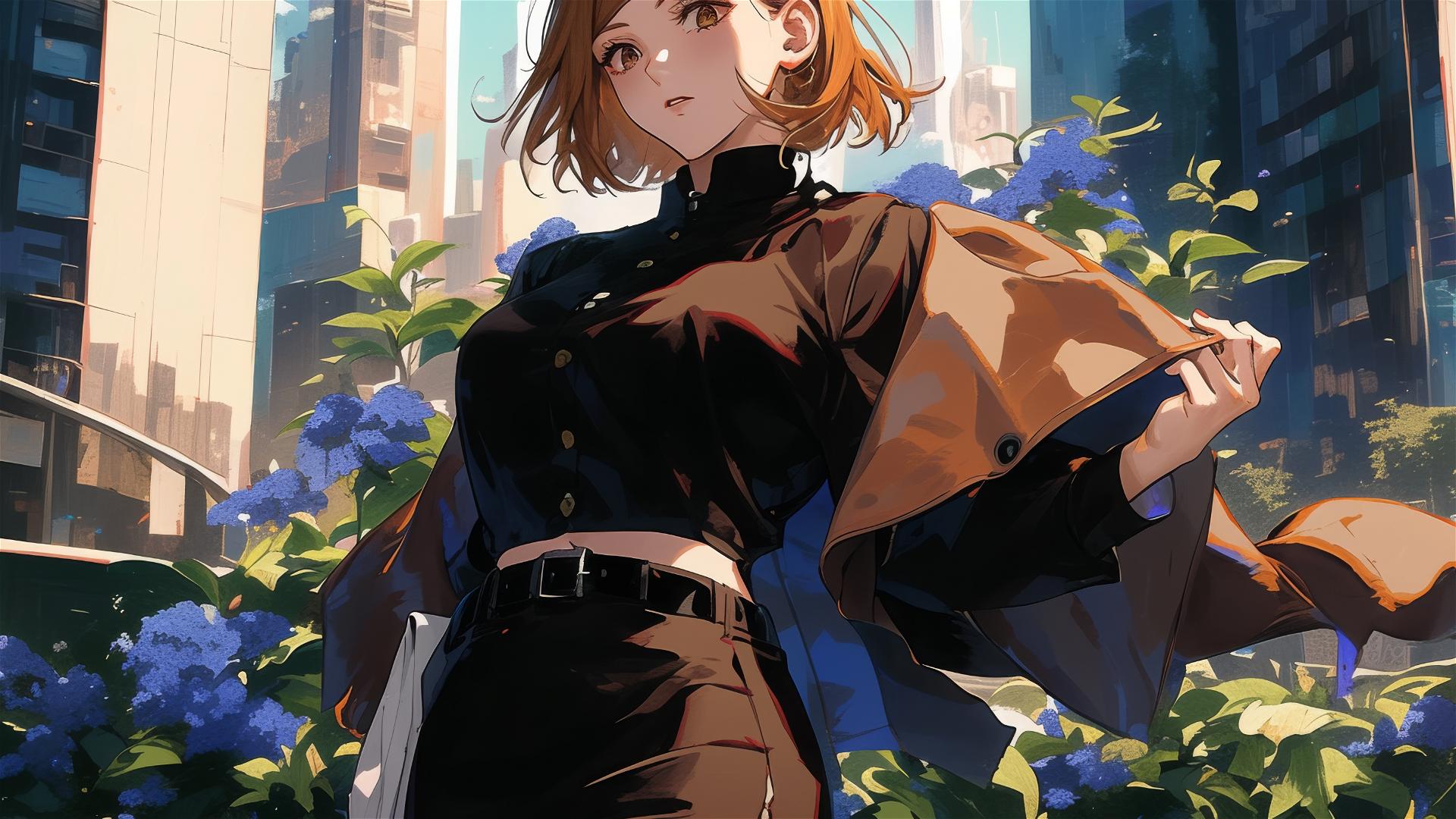 Nobara Kugisaki in fusion outfit on an urban rooftop garden