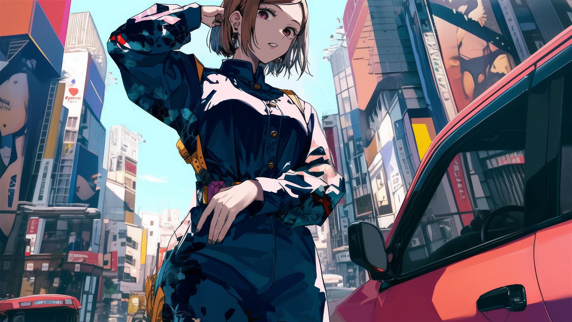 Nobara Kugisaki from Jujutsu Kaisen in a jumpsuit with kimono sleeves in Ginza