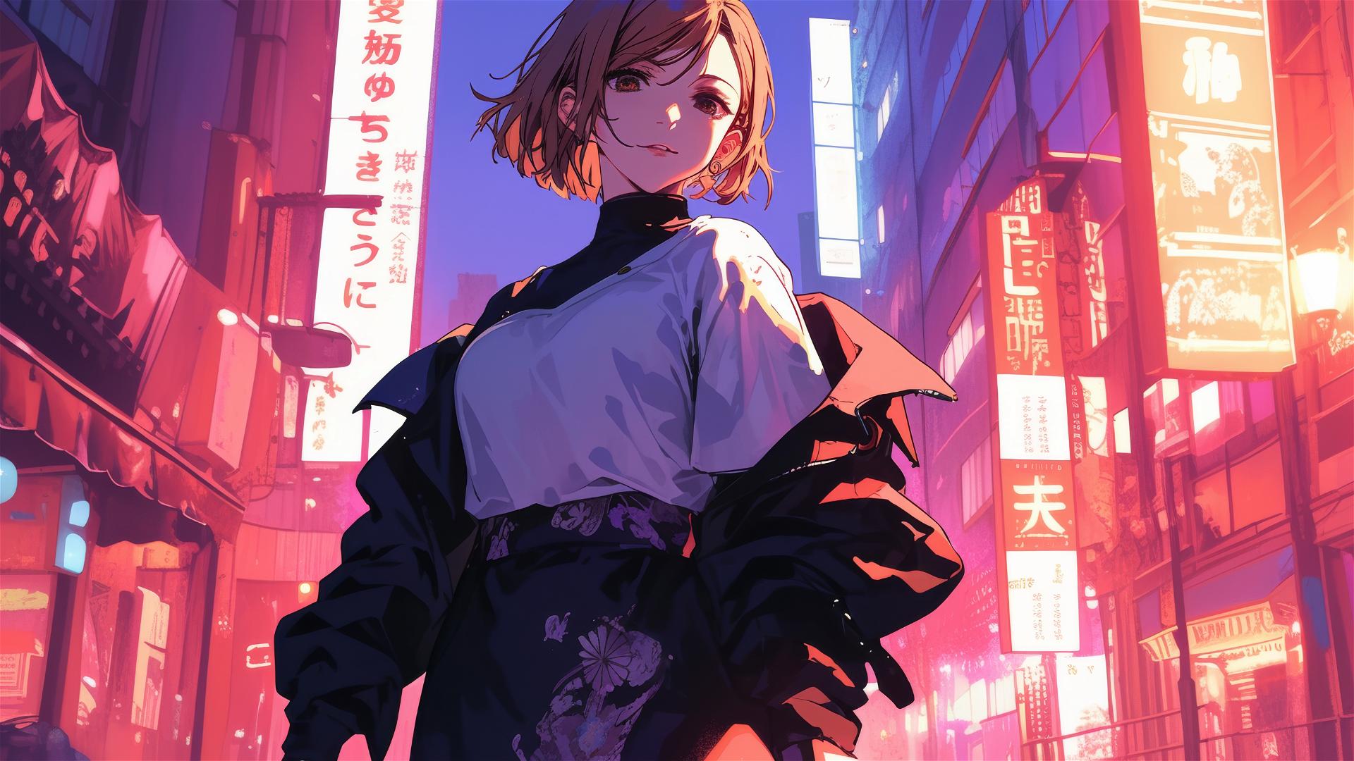 Nobara Kugisaki in modern Japanese attire on neon Tokyo street