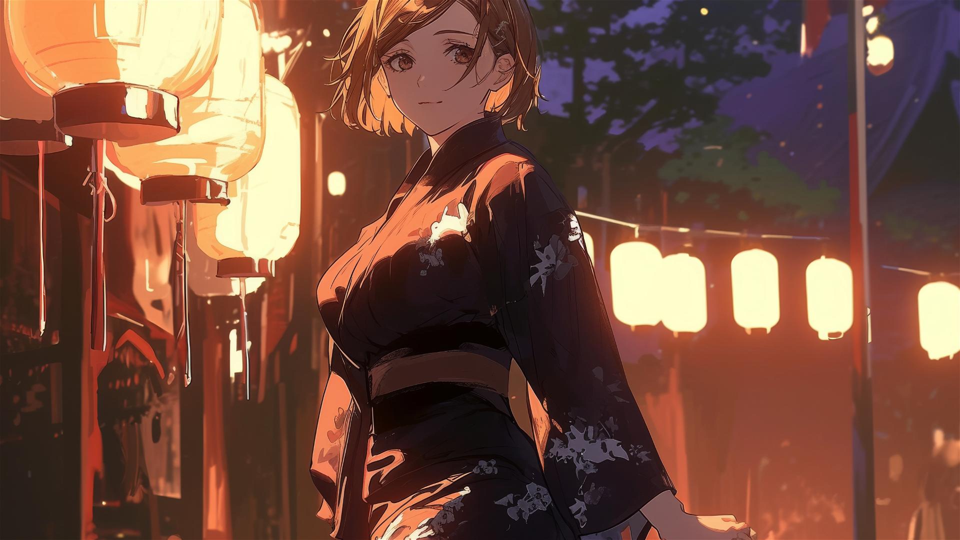 Nobara Kugisaki in summer yukata at lantern-lit Japanese festival
