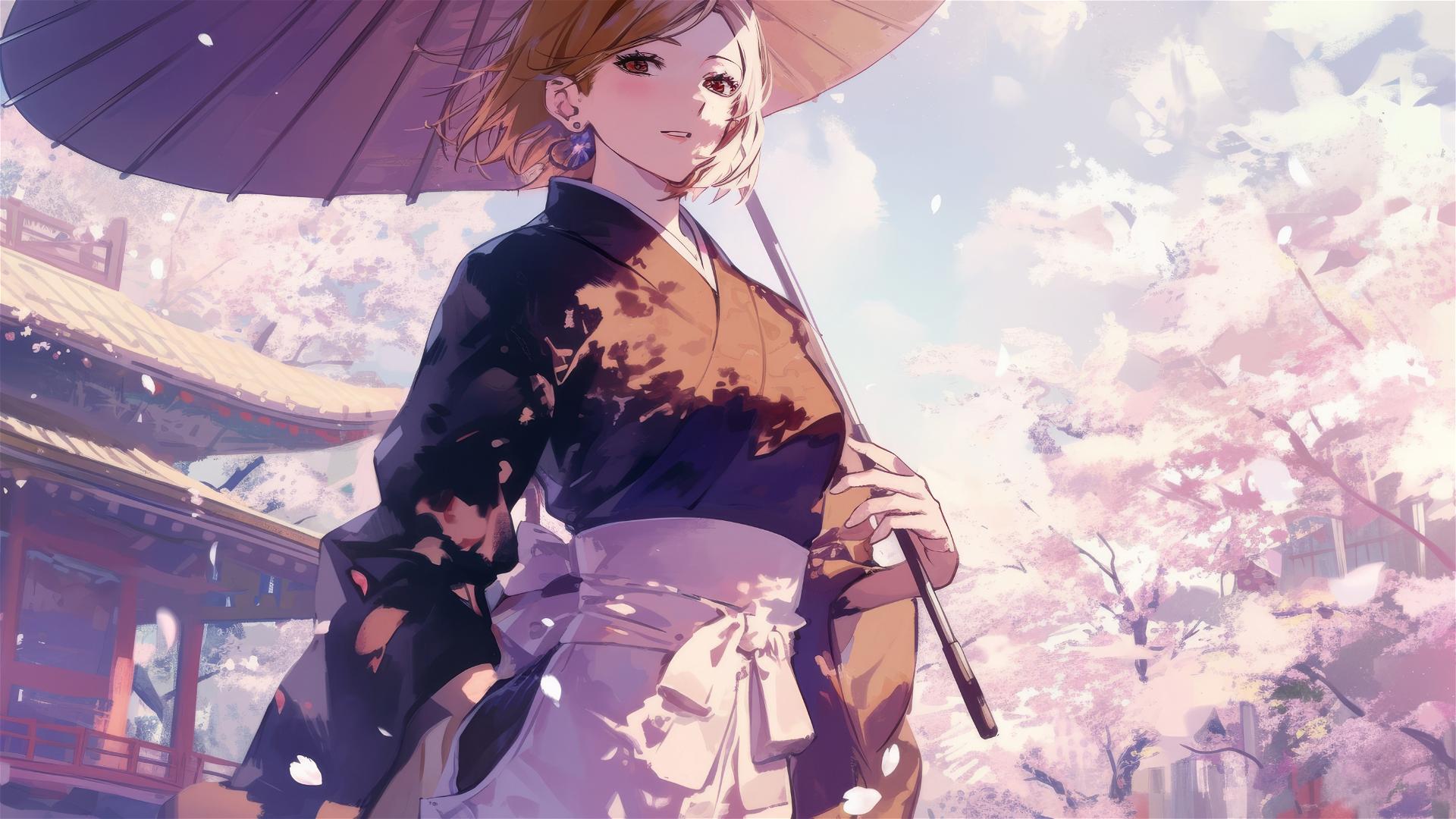 Nobara Kugisaki in silk kimono amidst sakura blossoms