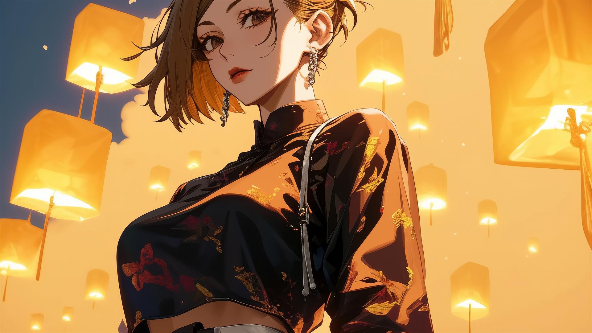 Nobara Kugisaki in Tokyo street fashion under lanterns