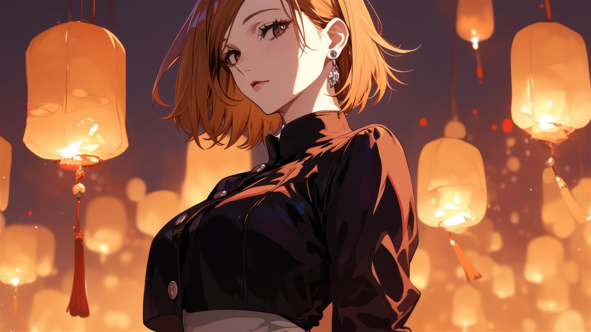 Nobara Kugisaki from Jujutsu Kaisen in Tokyo street fashion under lanterns
