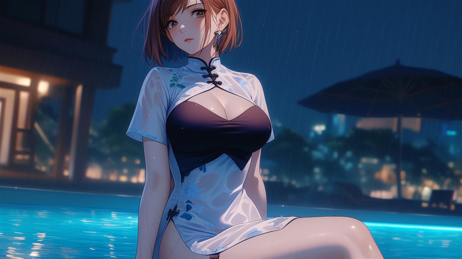 Nobara Kugisaki rests by pool under moonlight in pink dress, rain