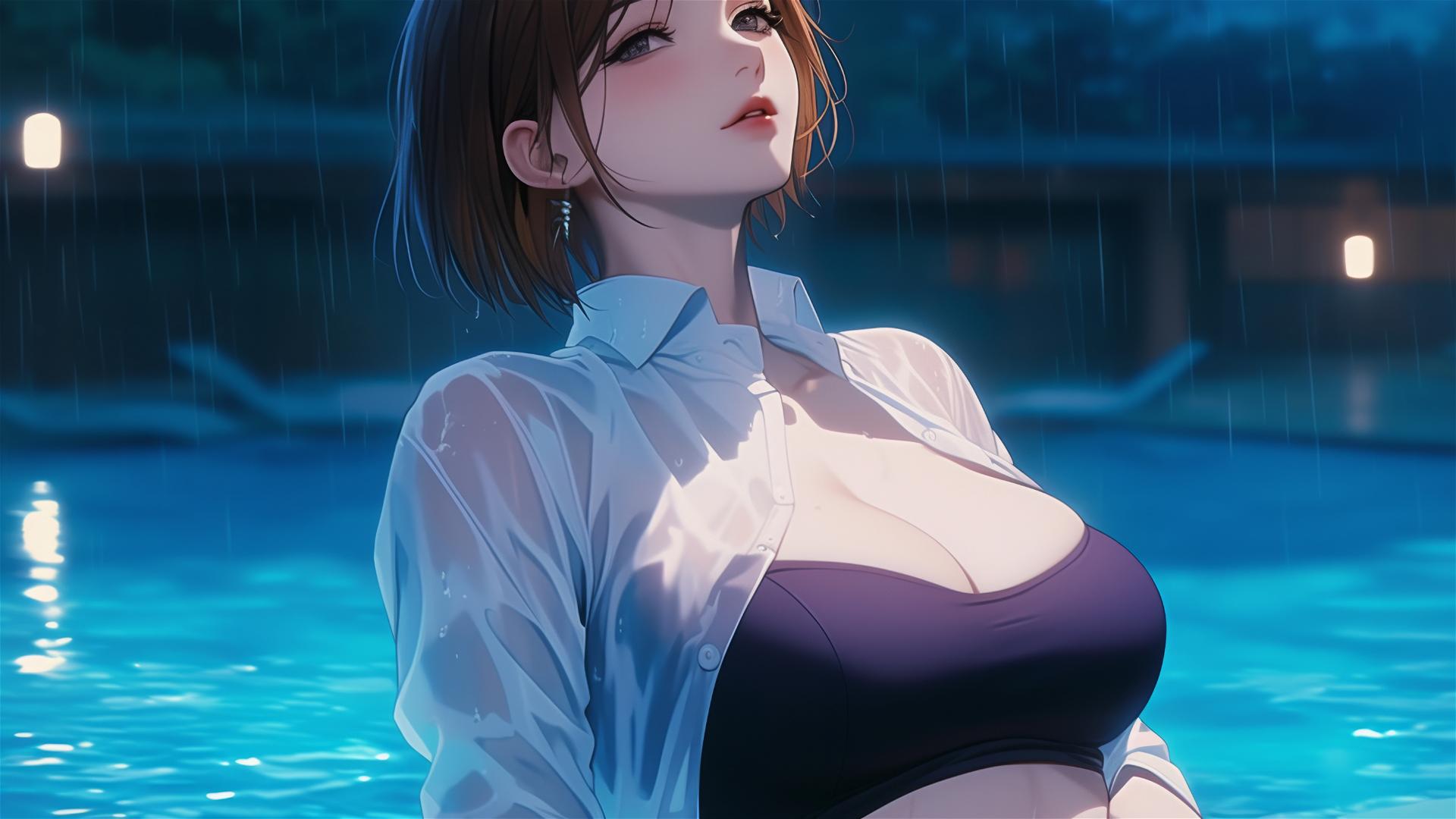 Nobara Kugisaki resting by a pool in moonlight with rain