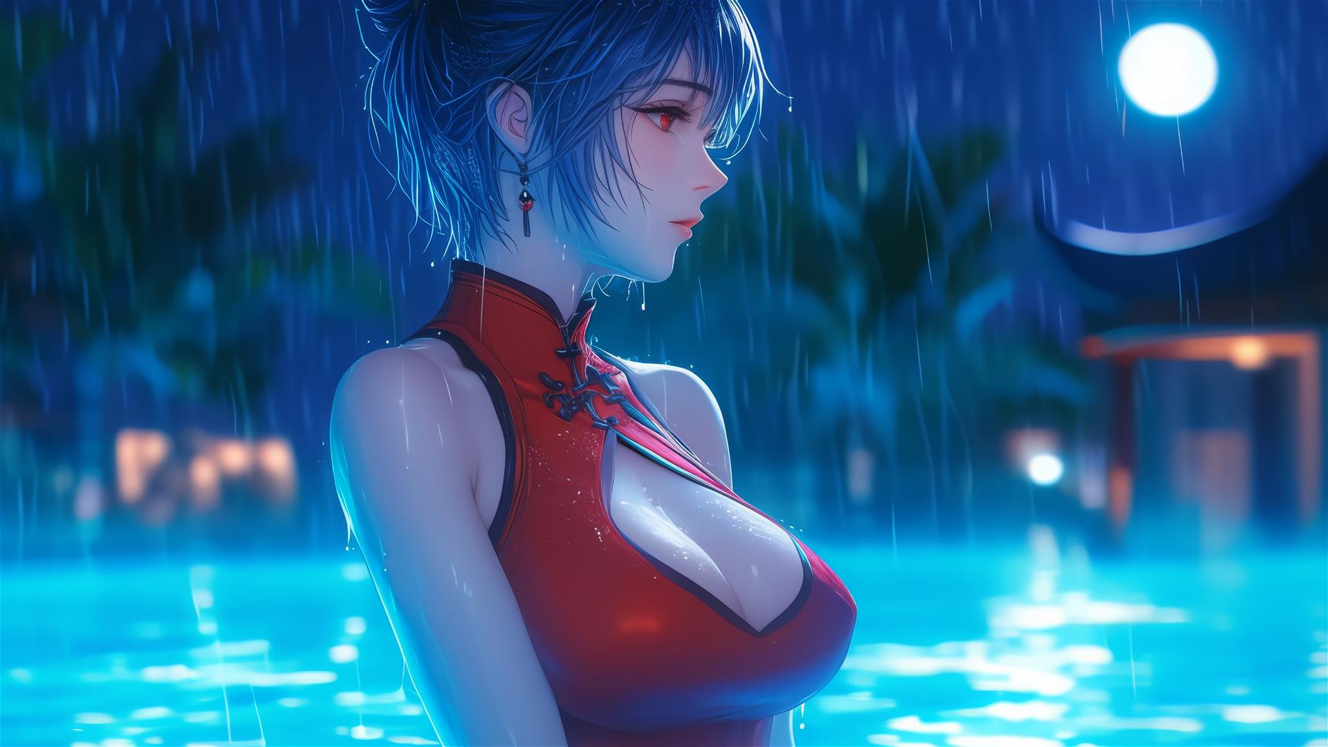Rei Ayanami in red shirt at rainy pool with moon glow