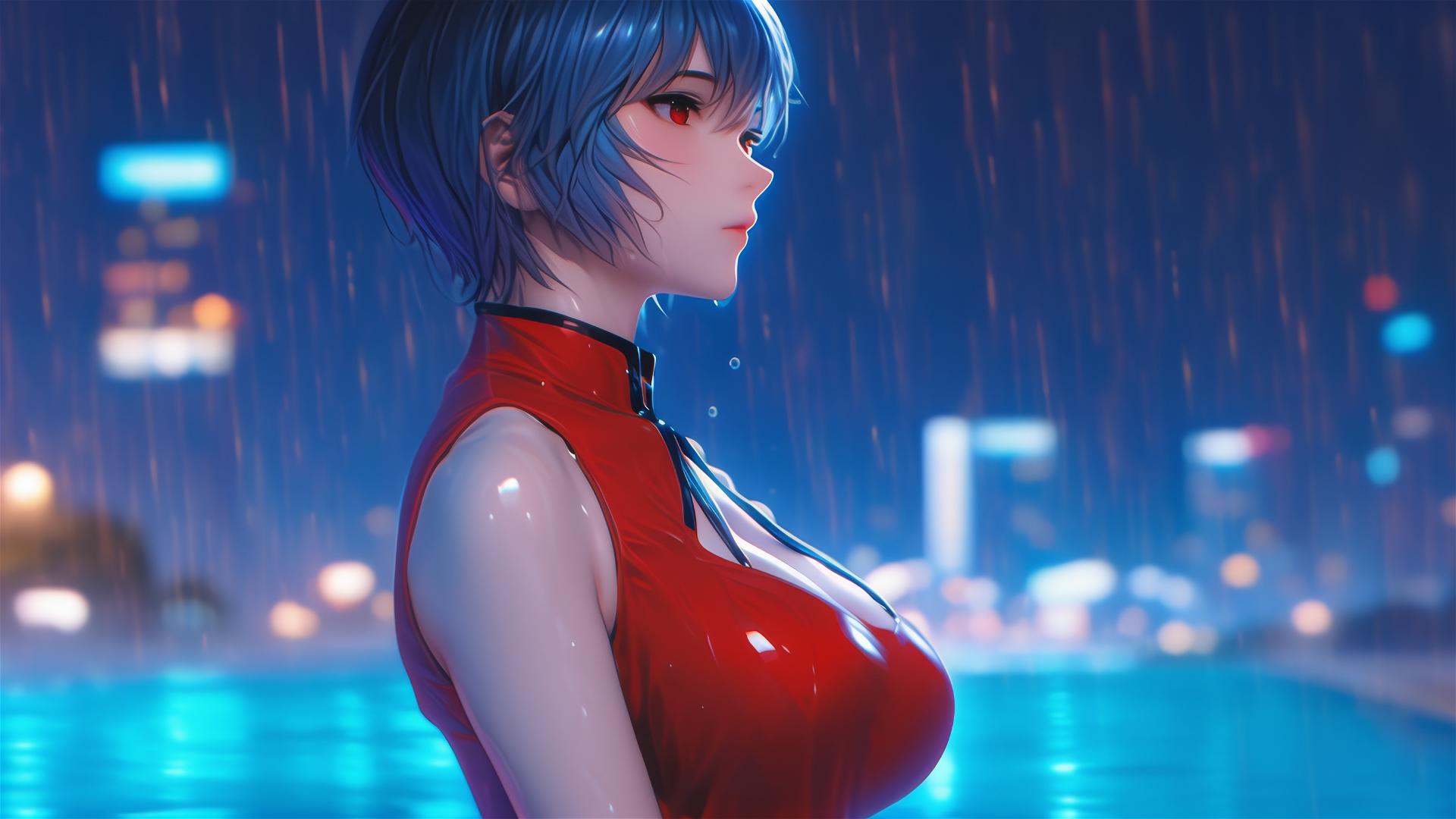 Rei Ayanami standing in rain by pool with moon glow
