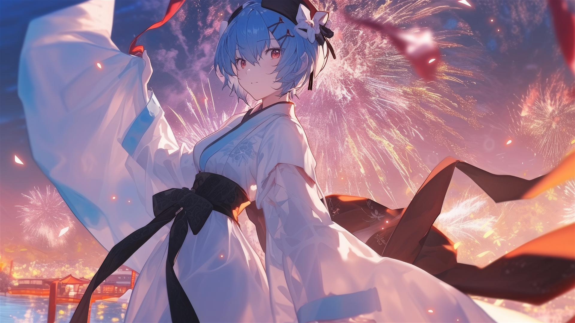 Rei Ayanami in hanbok with fireworks
