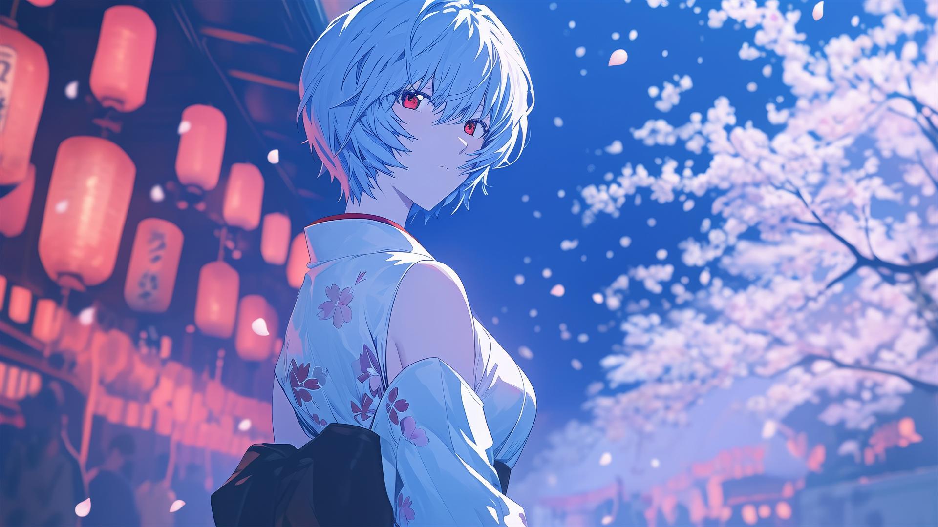 Rei Ayanami in urban attire at cherry blossom festival