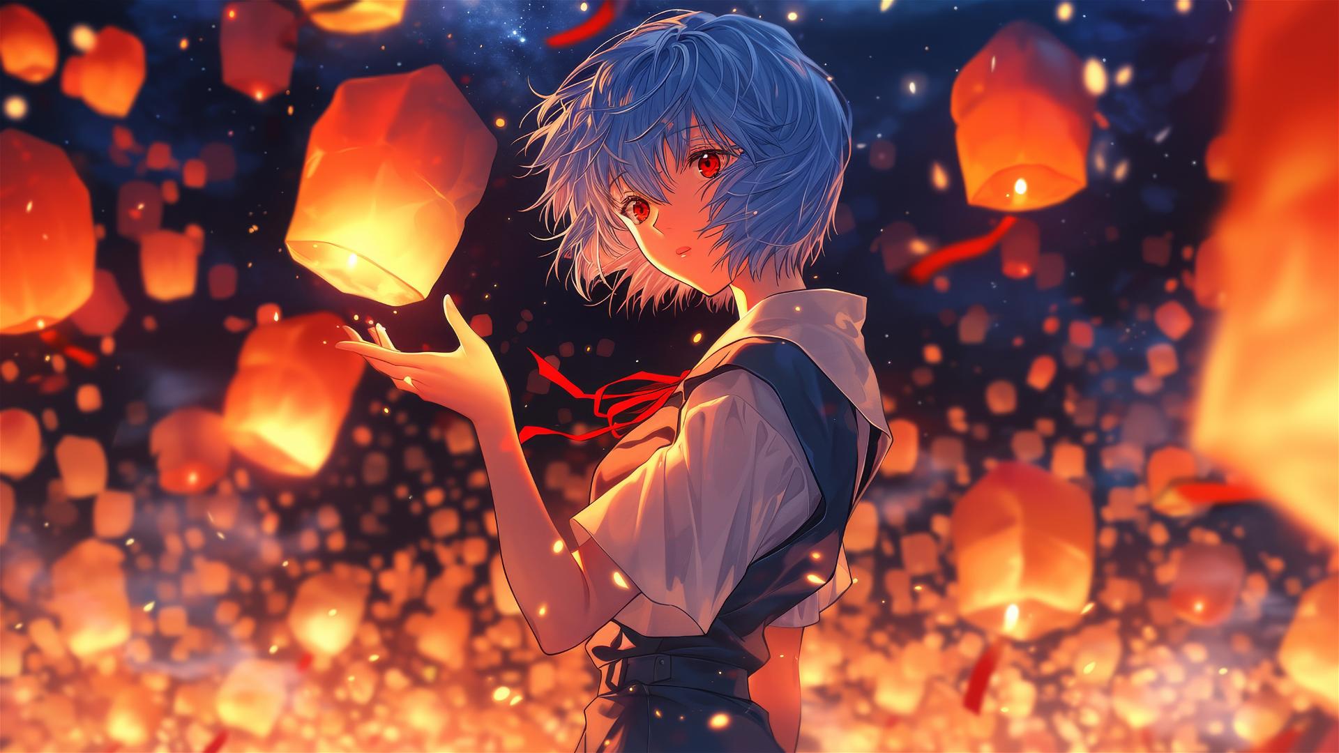 Rei Ayanami in harajuku style with glowing paper lanterns