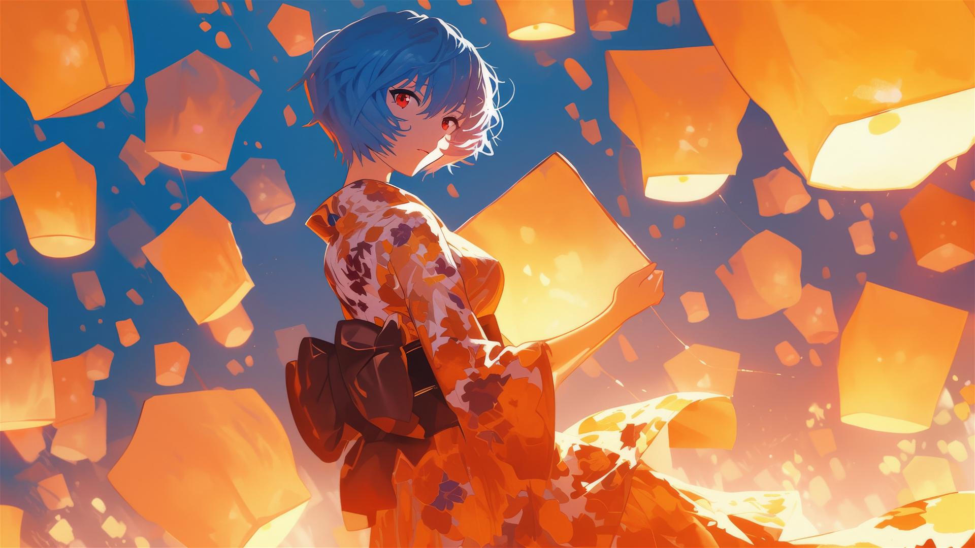 Rei Ayanami in harajuku outfit with glowing lanterns