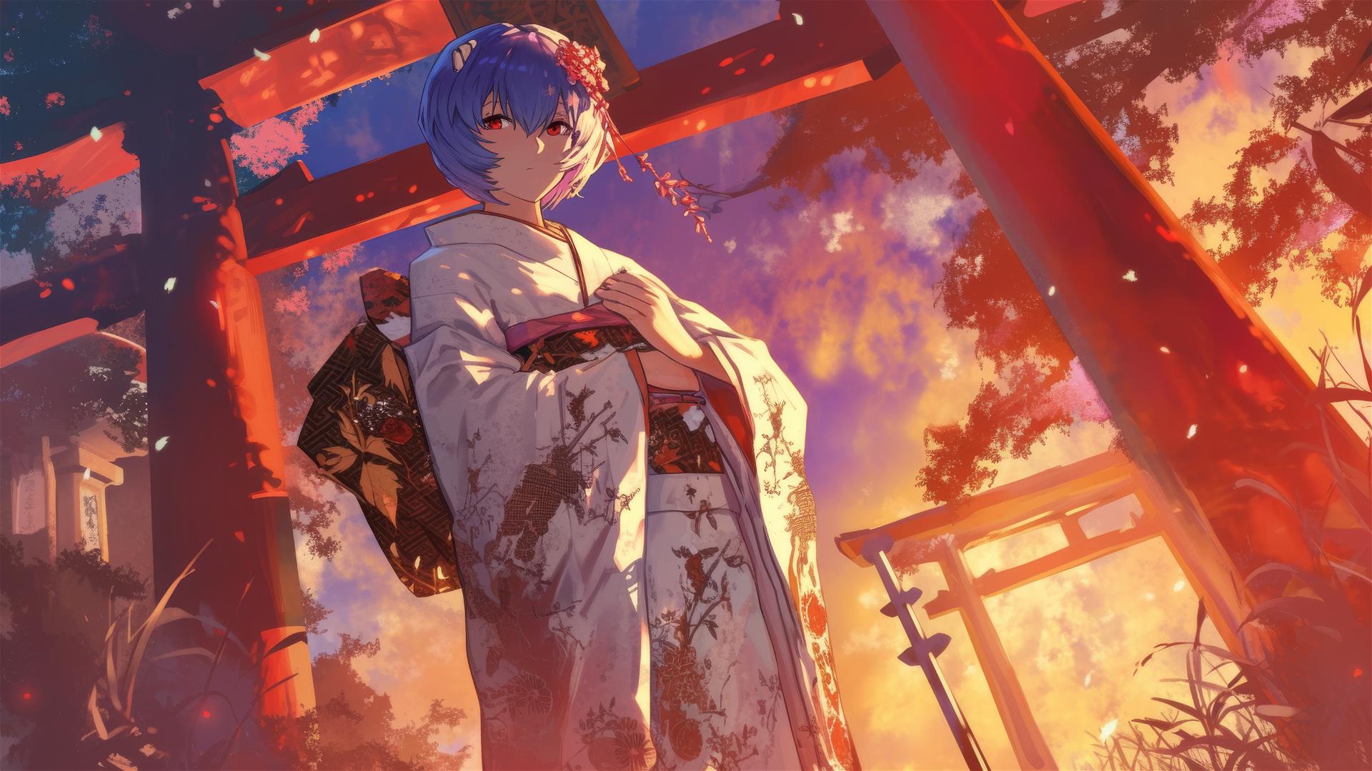 Rei Ayanami in bridal kimono by torii gate at dusk