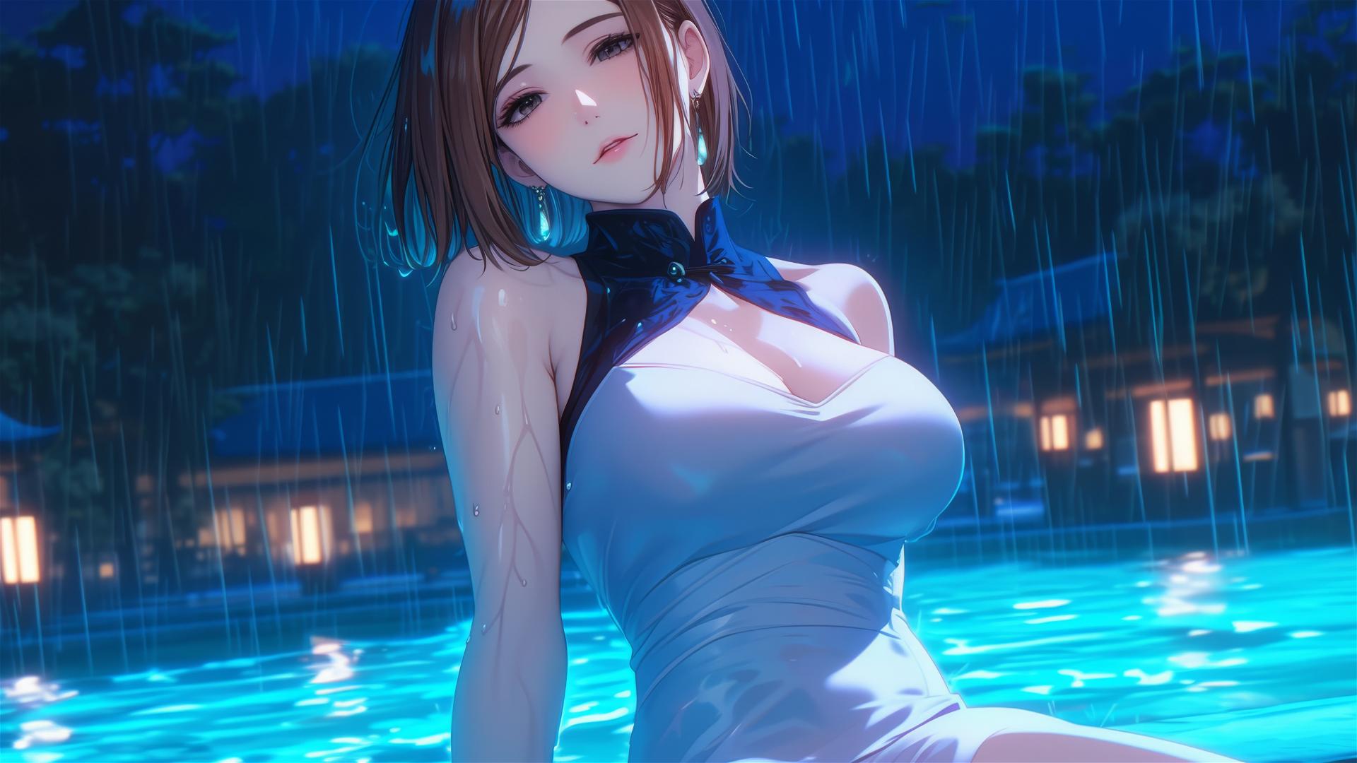 Nobara Kugisaki resting by a pool under moonlight, pink dress