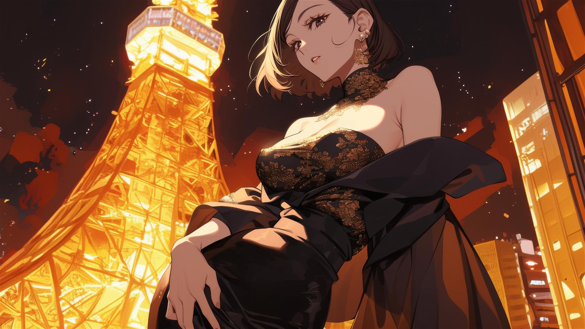 Nobara Kugisaki in evening gown by Tokyo Tower