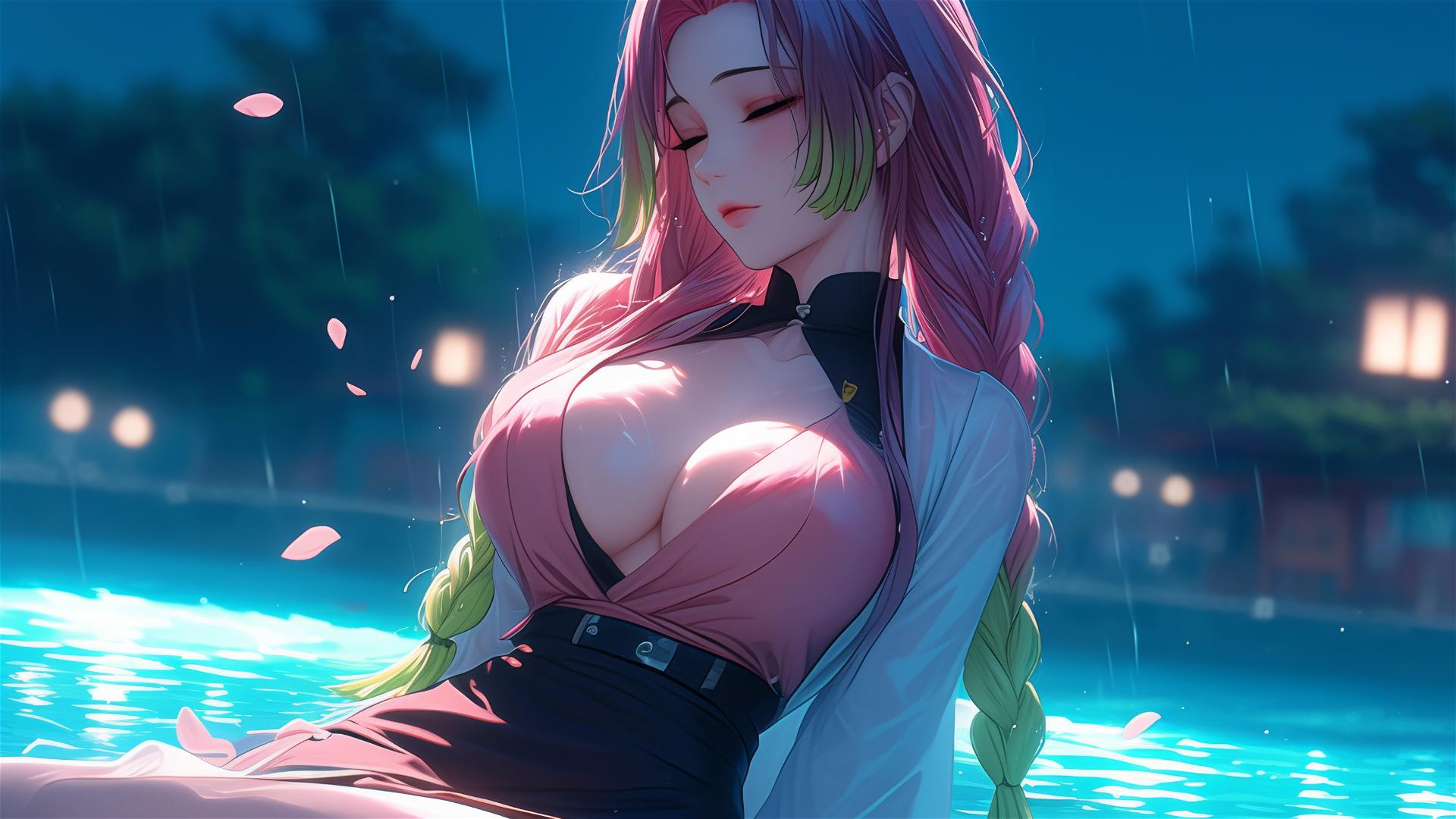 Mitsuri Kanroji by pool, moonlight glow, pink dress, thigh focus, pink to lime green hair