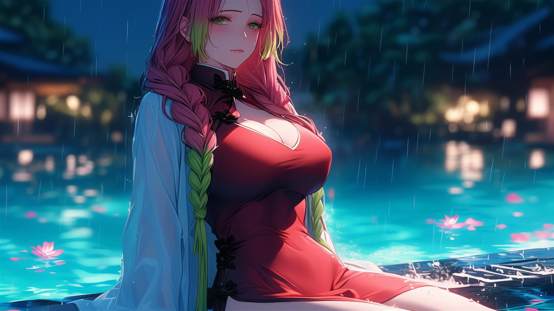 Mitsuri Kanroji resting by a pool in moonlight, red dress, pink to green hair