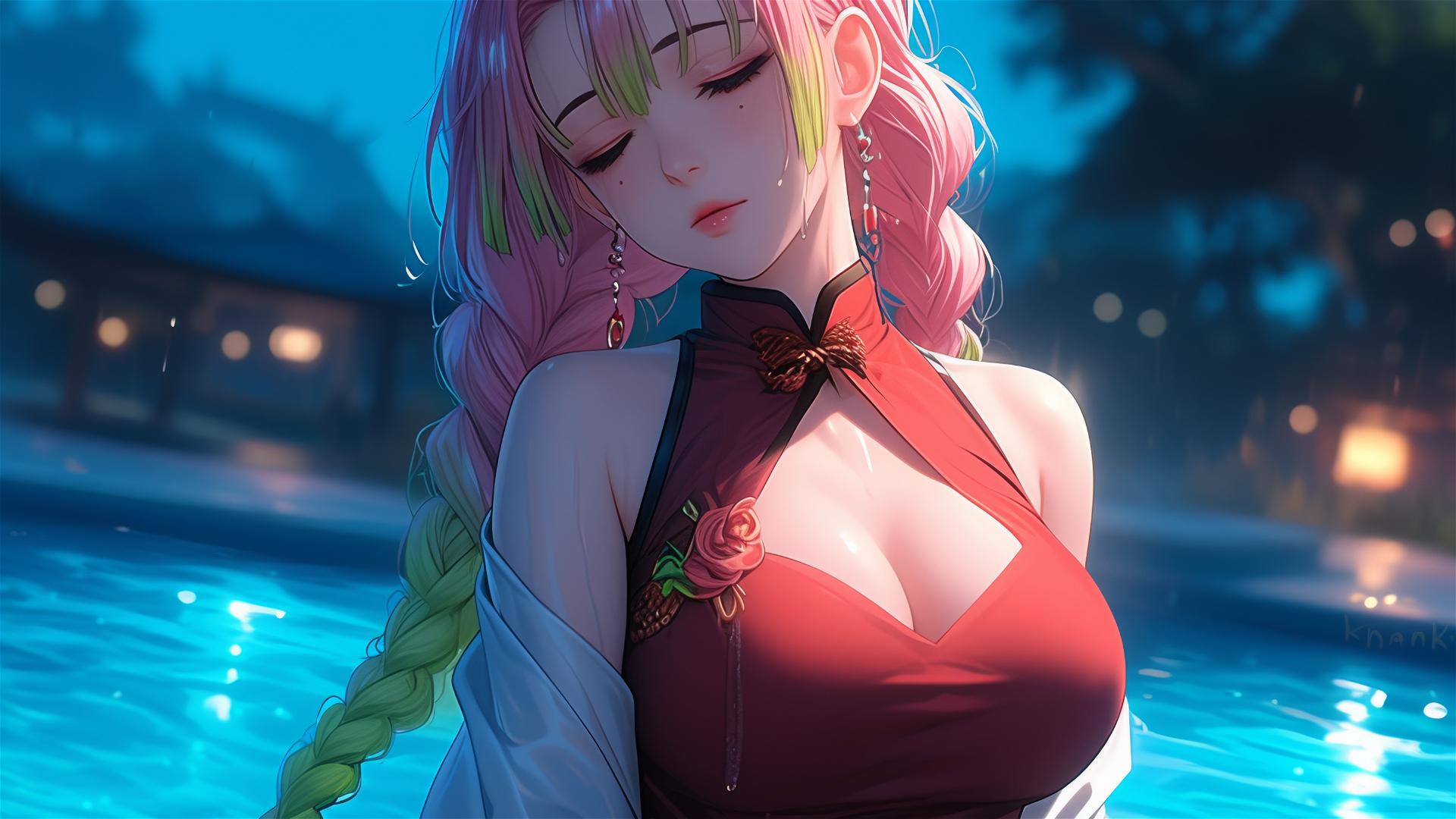 Mitsuri Kanroji from Demon Slayer resting by a pool under moonlight, red dress, light pink to lime green hair