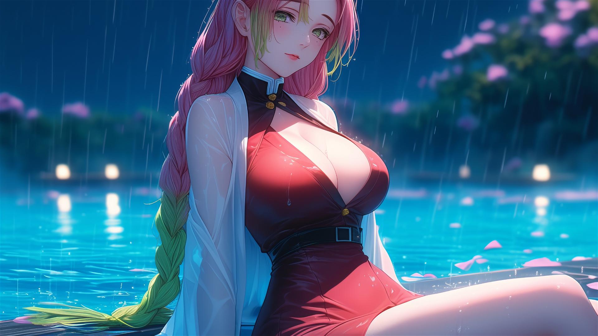 Mitsuri Kanroji from Demon Slayer resting by a pool in moonlight, red dress, pink to green hair