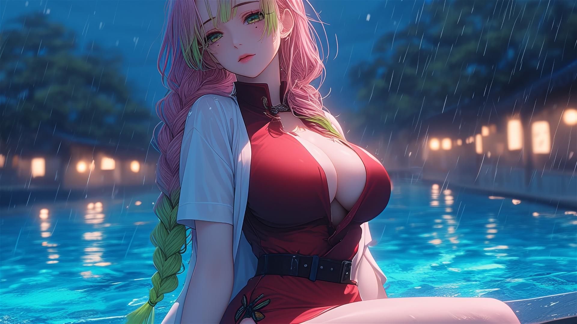 Mitsuri Kanroji from Demon Slayer resting by a pool under moonlight, in red with two-tone hair.