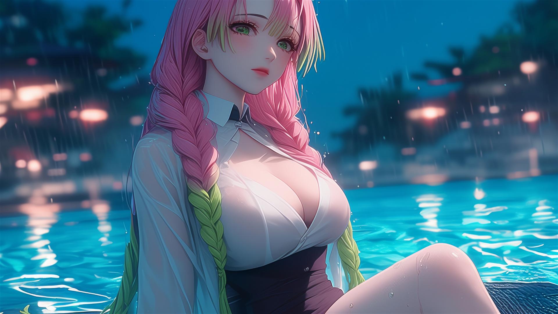 Mitsuri Kanroji from Demon Slayer resting by a pool under moonlight, pink and green hair