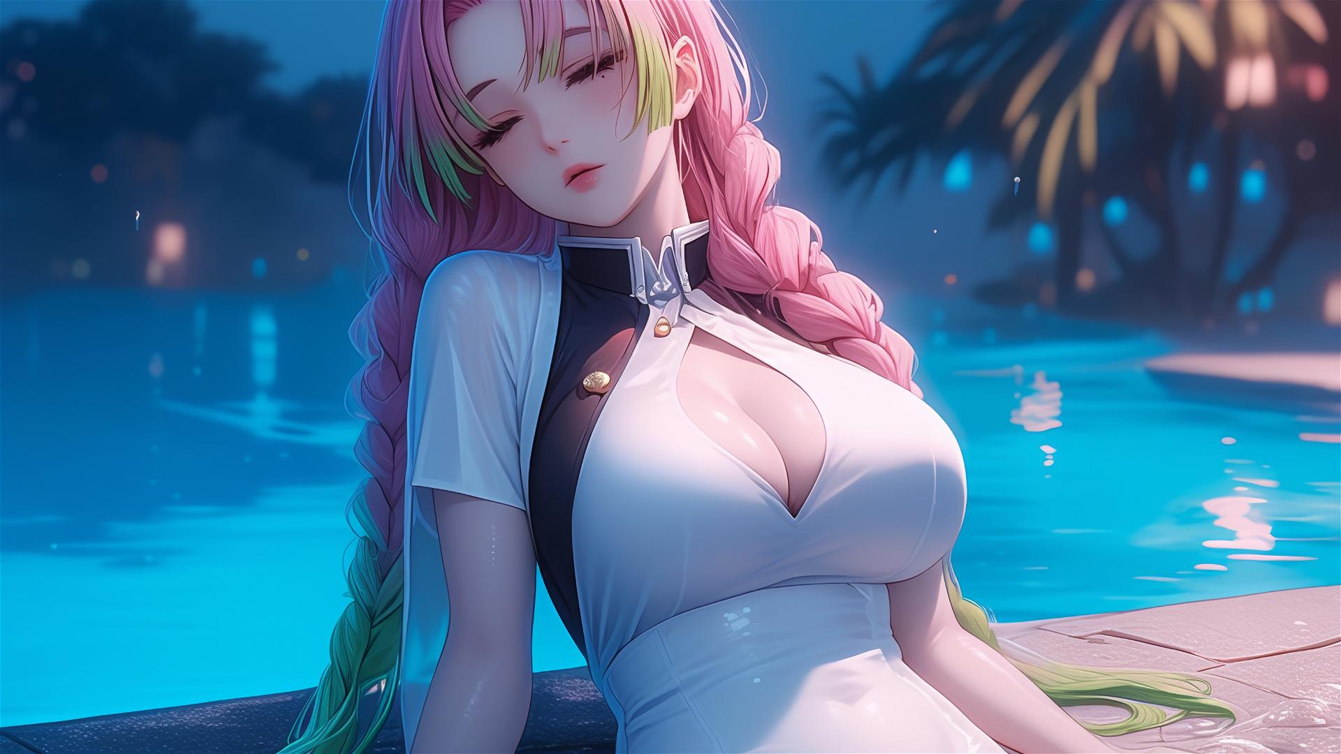 Mitsuri Kanroji resting by rainy pool with moonlight glow, pink to green hair