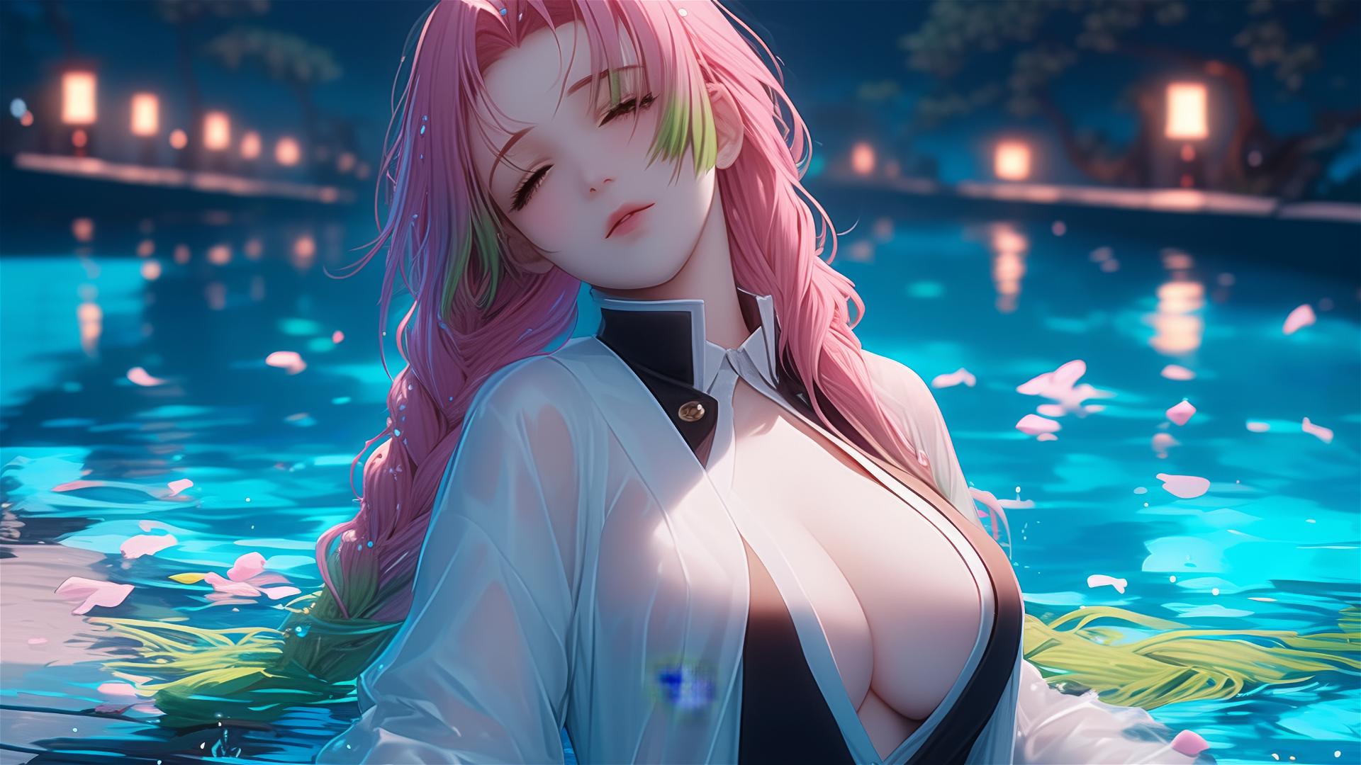 Mitsuri Kanroji resting by a pool under moonlight, her pink to lime hair in white attire.
