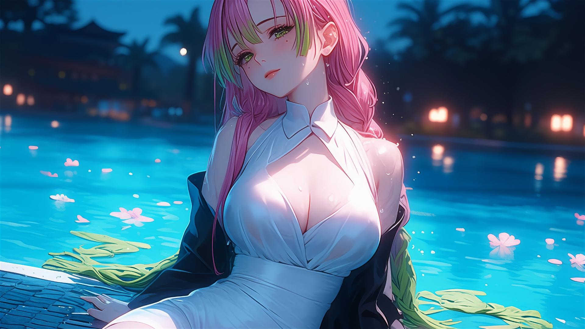 Mitsuri Kanroji from Demon Slayer resting by a pool under moonlight, in white attire with pink to green hair.