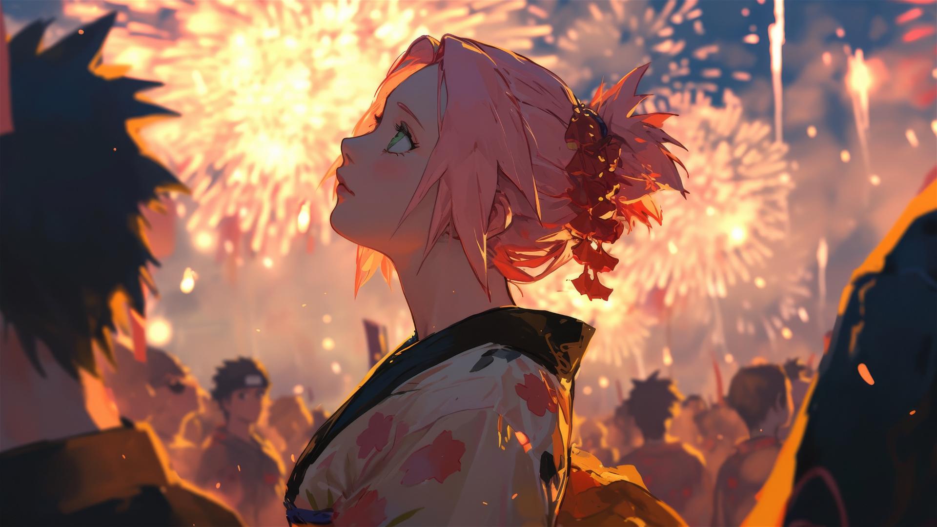 Sakura Haruno in modern yukata watching fireworks at summer festival