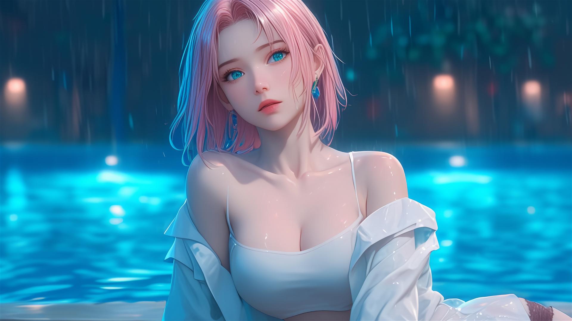 Sakura Haruno resting by pool in white shirt, moonlit with rain