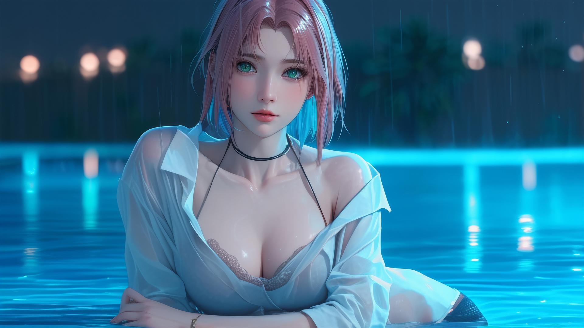Sakura Haruno, from Naruto, resting by pool under moonlight
