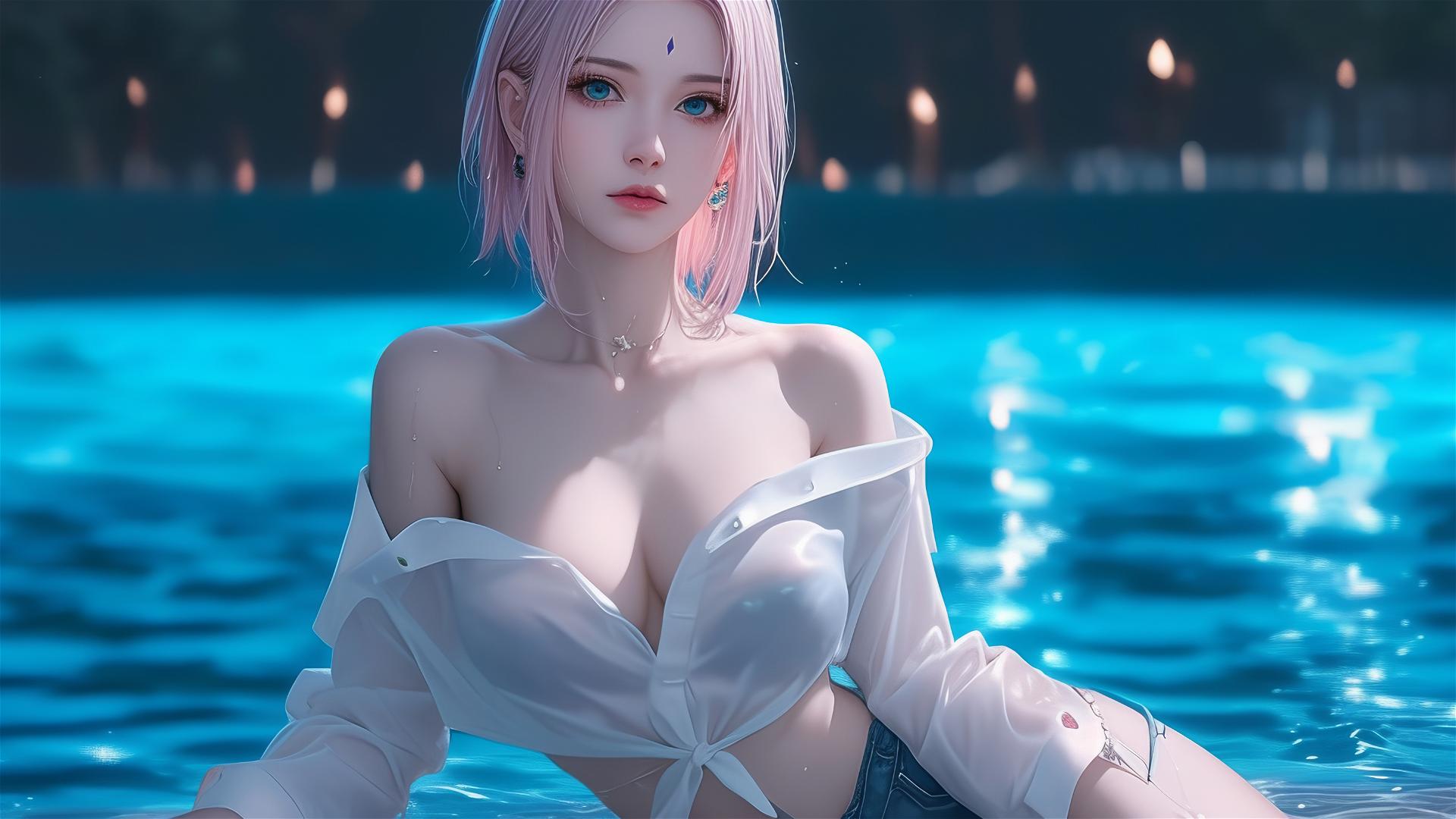 Sakura Haruno in white shirt by pool under moonlight and rain