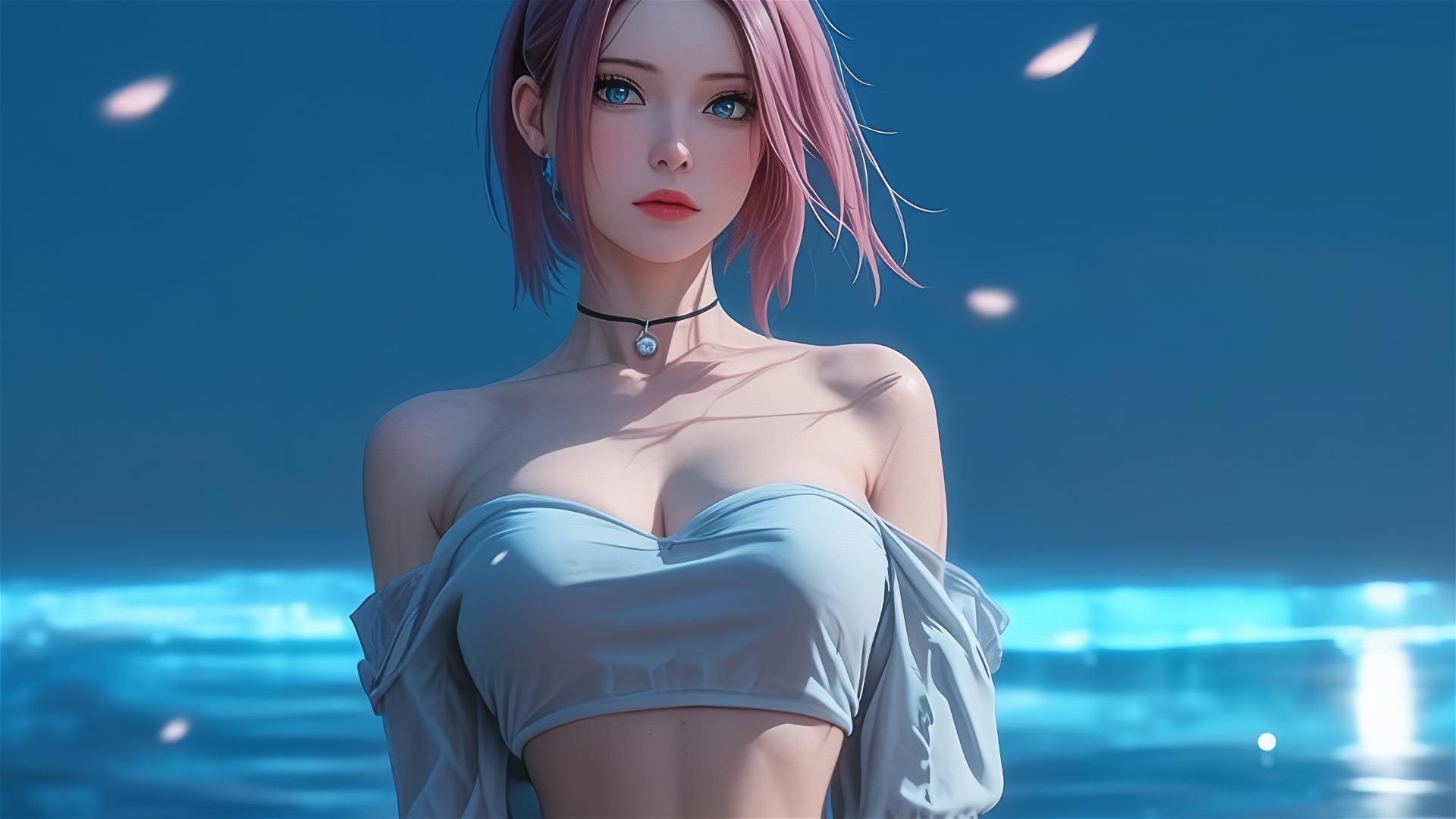 Sakura Haruno in white dress under moonlight, Naruto