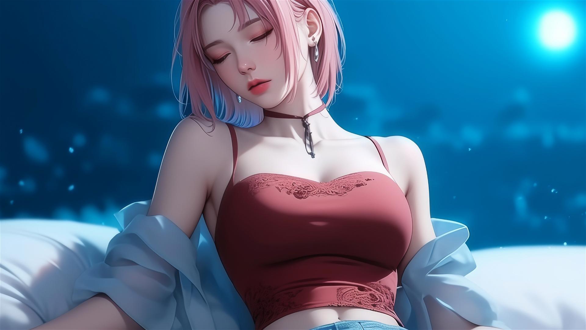 Sakura Haruno resting in moonlit apartment