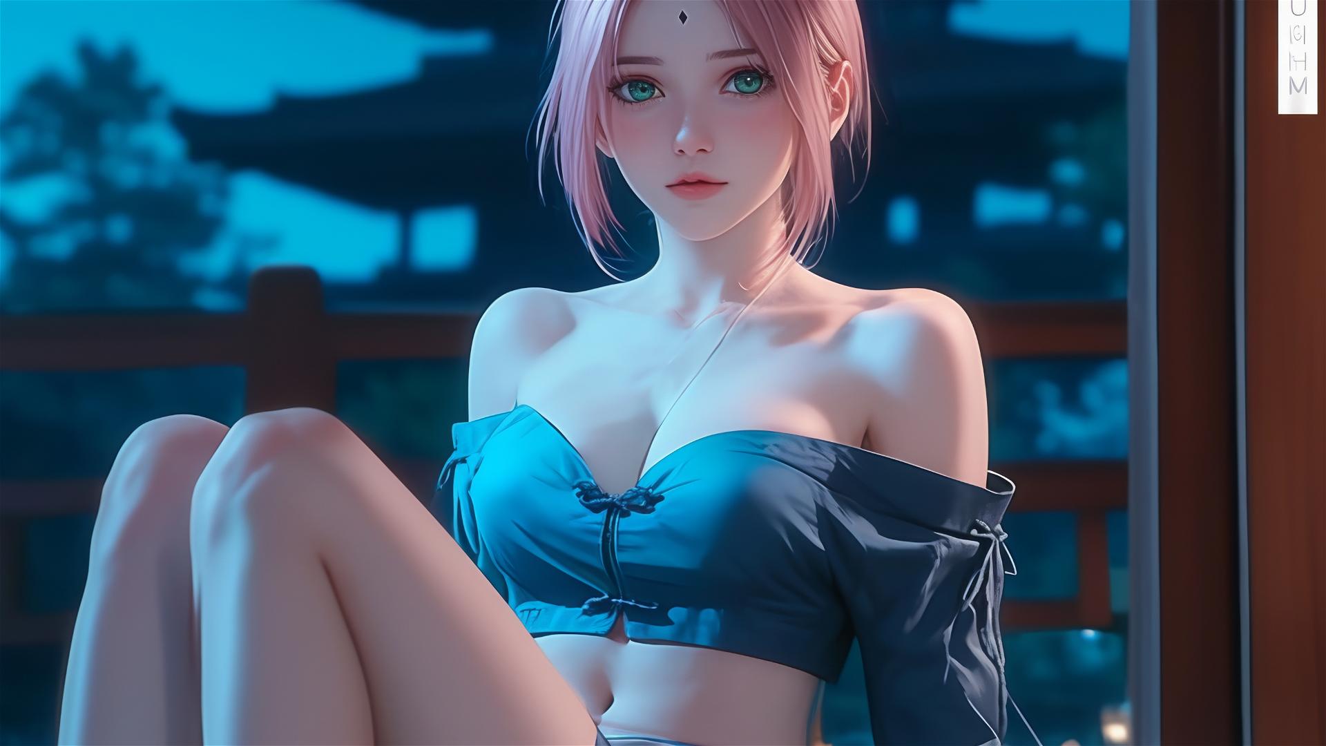 Sakura Haruno resting in a Japanese house under moonlight