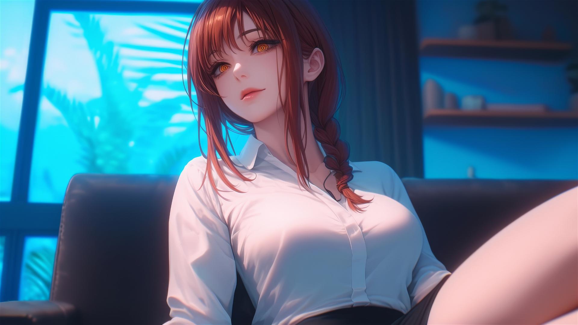 Close-up of Makima's foot, resting in her room with dynamic action, red hair