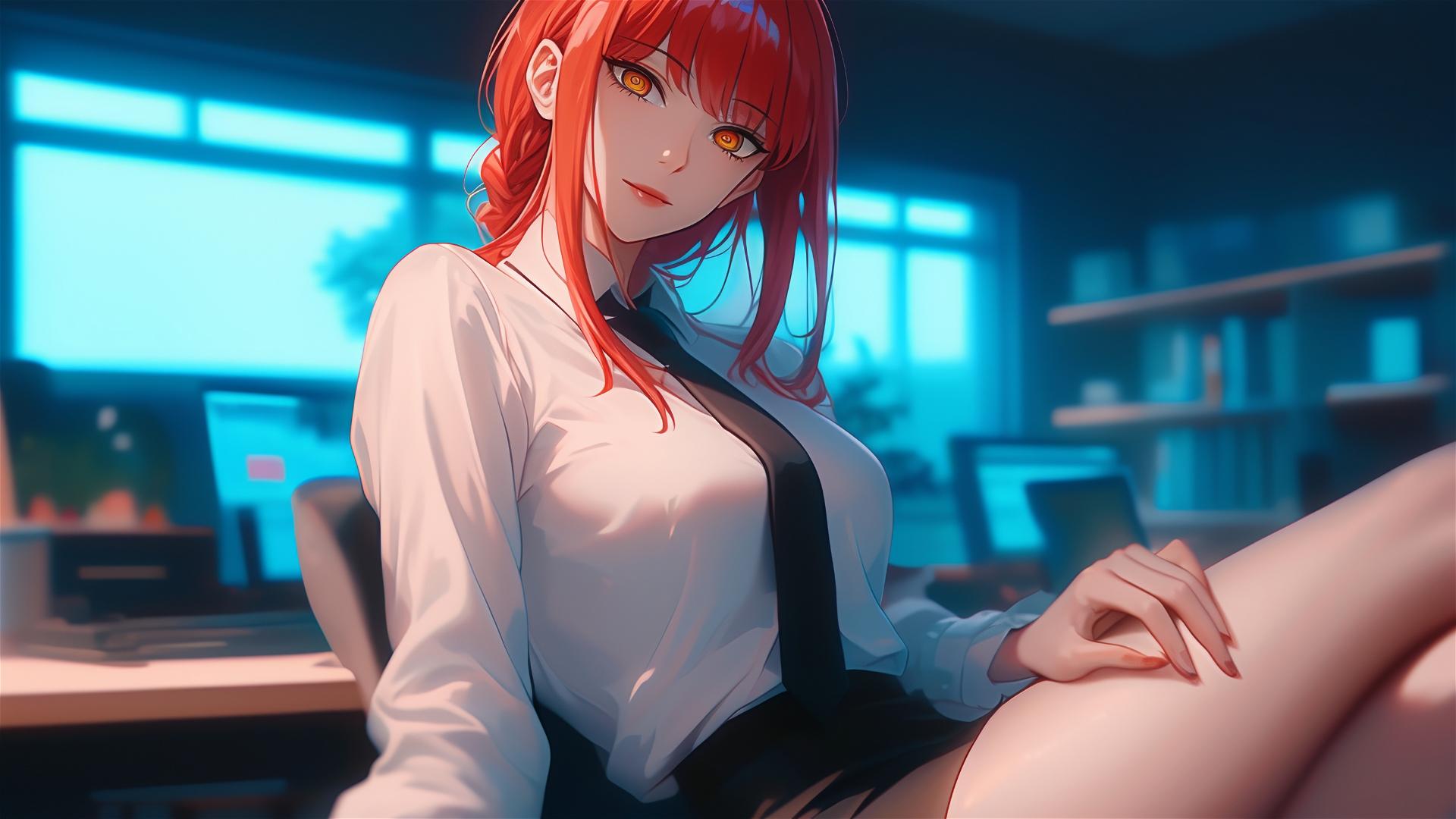 Close-up of Makima's foot from Chainsaw Man in an office
