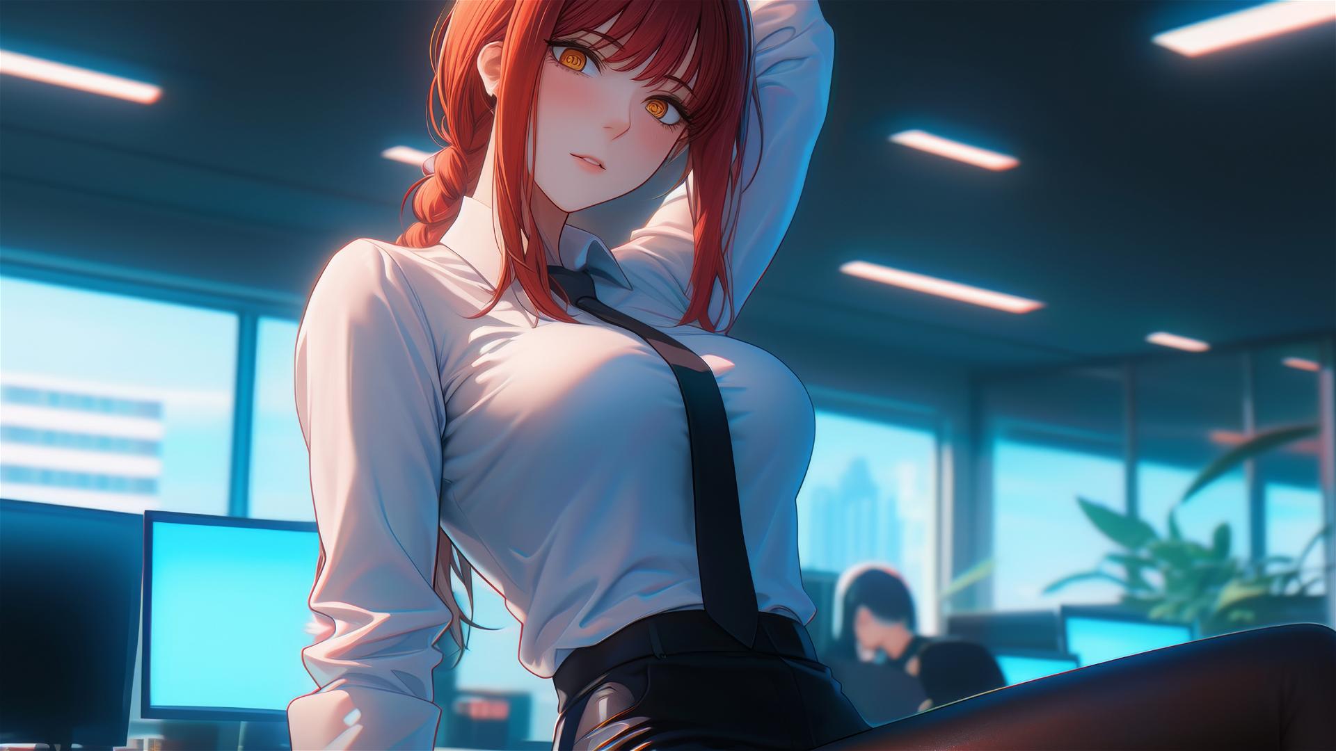 Makima from Chainsaw Man standing in an office, thighs and red hair in focus